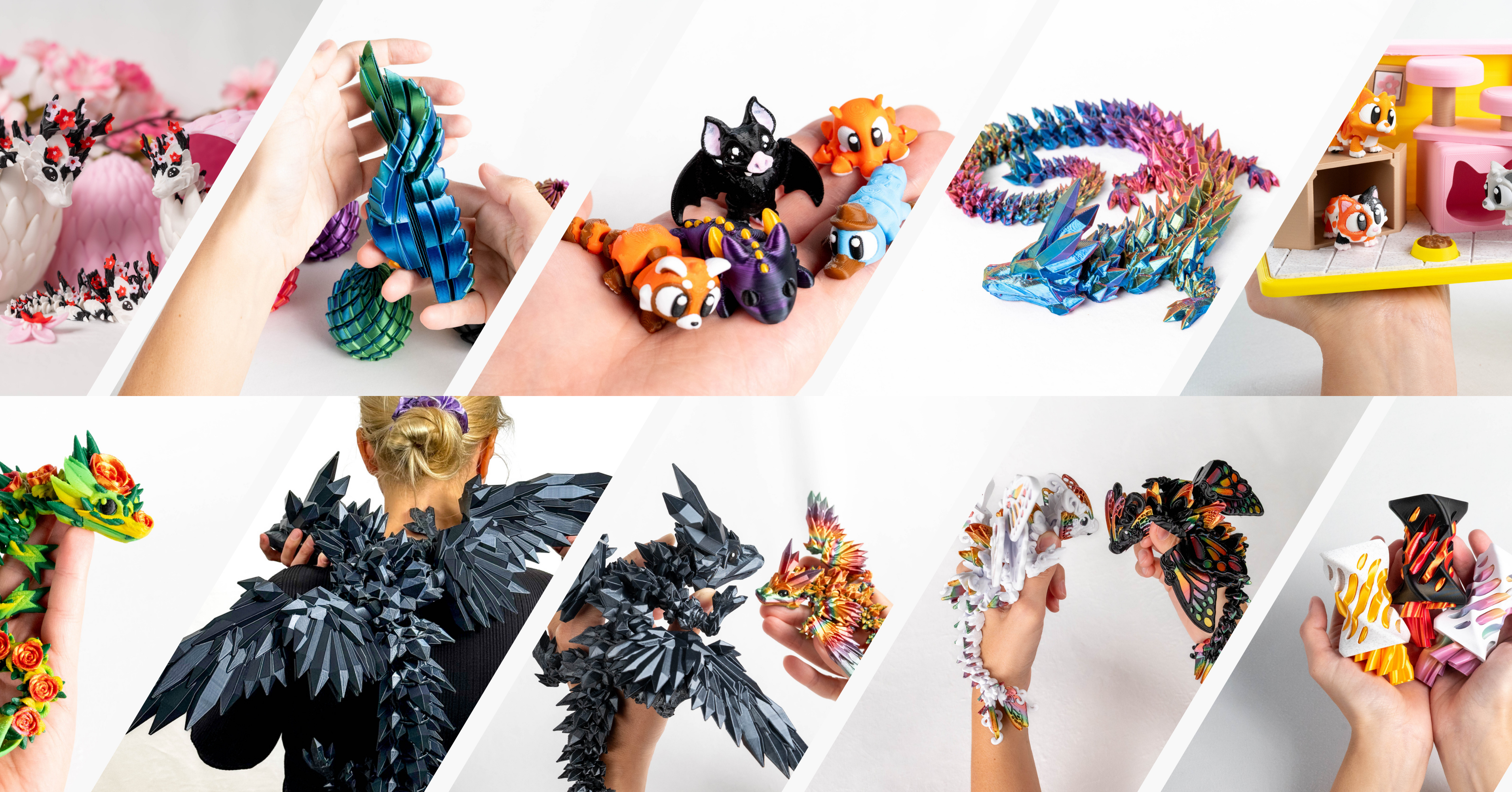 Collage of 3D printed dragons and fidget toys made by Turtle Creations.
